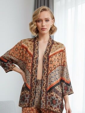 NWOT Bl^nk London Anthropologie Red/Brown Boho Cardigan Short Kimono - One Size